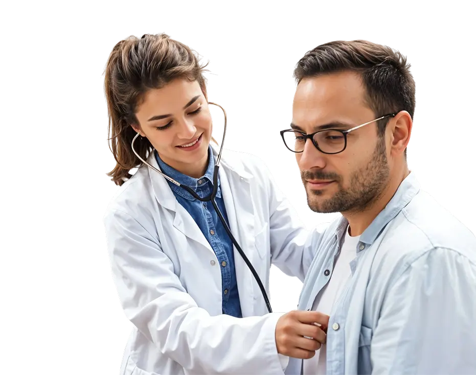 Doctora sonriente revisando a paciente en una camilla